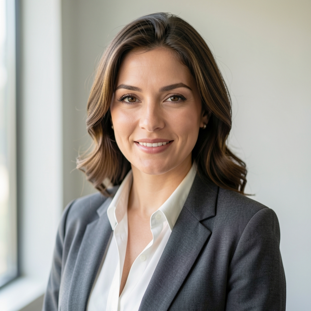 Editorial portrait of a woman with natural light from a large window, relaxed and professional, light neutral background