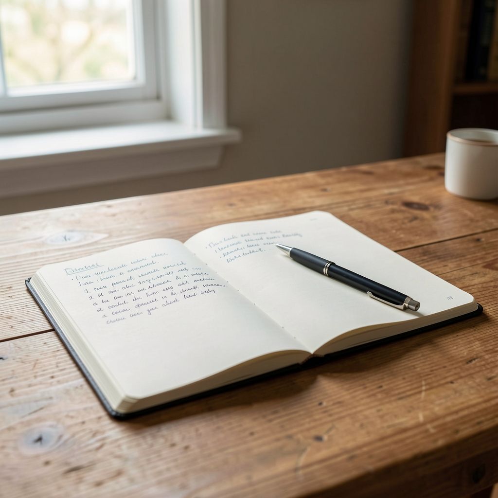 Notebook open on a wooden desk with handwritten notes and a pen, daylight from a nearby window