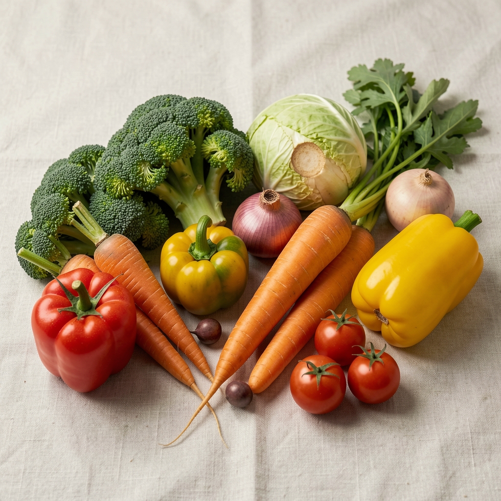 Seasonal root vegetables arranged on a pale linen surface, natural morning light, winter produce selection including parsnips, carrots and celeriac